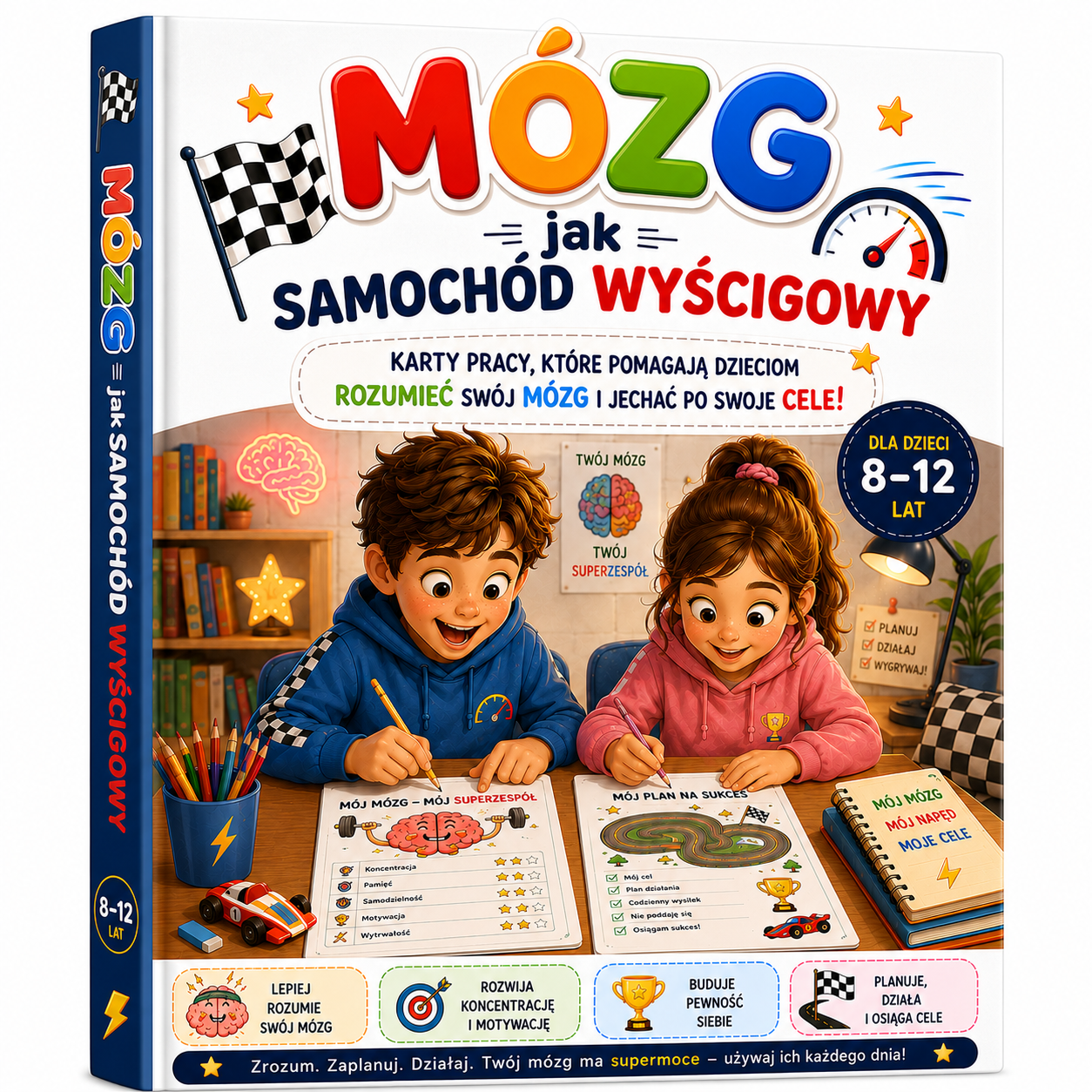 Okładka ebooka „Mózg jak samochód wyścigowy” – karty pracy dla dzieci 8–12 lat wspierające rozwój emocjonalny, koncentrację, motywację i samoregulację. Akademia Zdrowia Magdalena Sternik.